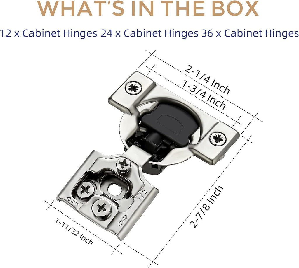 12 Pack 6 Pairs 1/2 inch Overlay Soft Close Hinges Satin Nickel Stainless Steel Concealed Hinge S77558