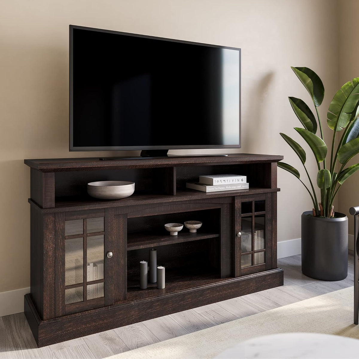 Rustic Wood TV Stand with Open Storage Shelves and Cabinets L104