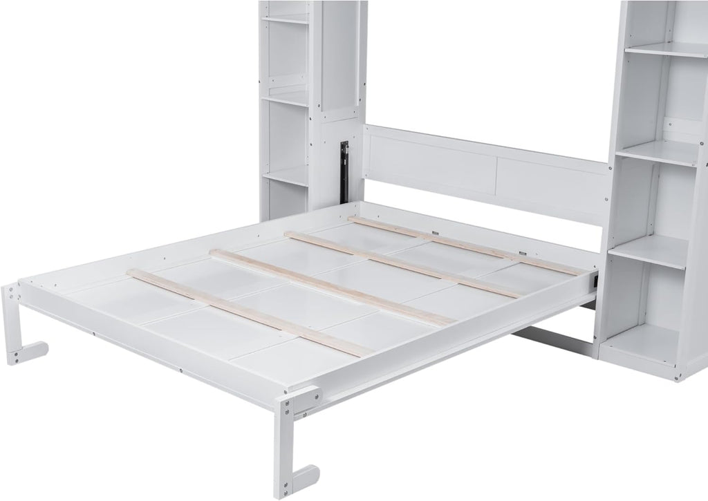 White Queen Size Wooden Murphy Bed with Shelves and LED Lights Q466