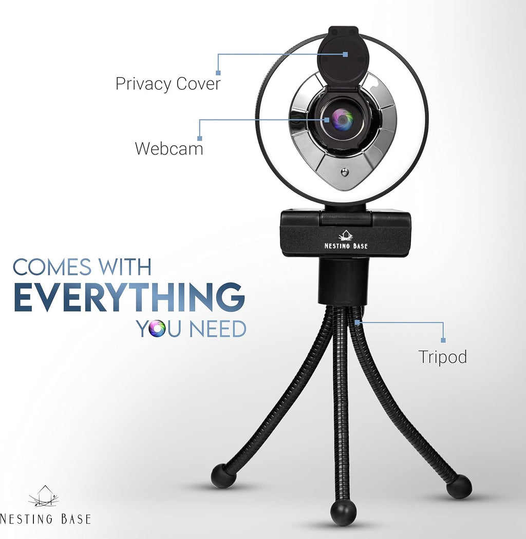 Webcam with Ring Light, Microphone, Privacy Cover, 1080p Auto Focus E32955