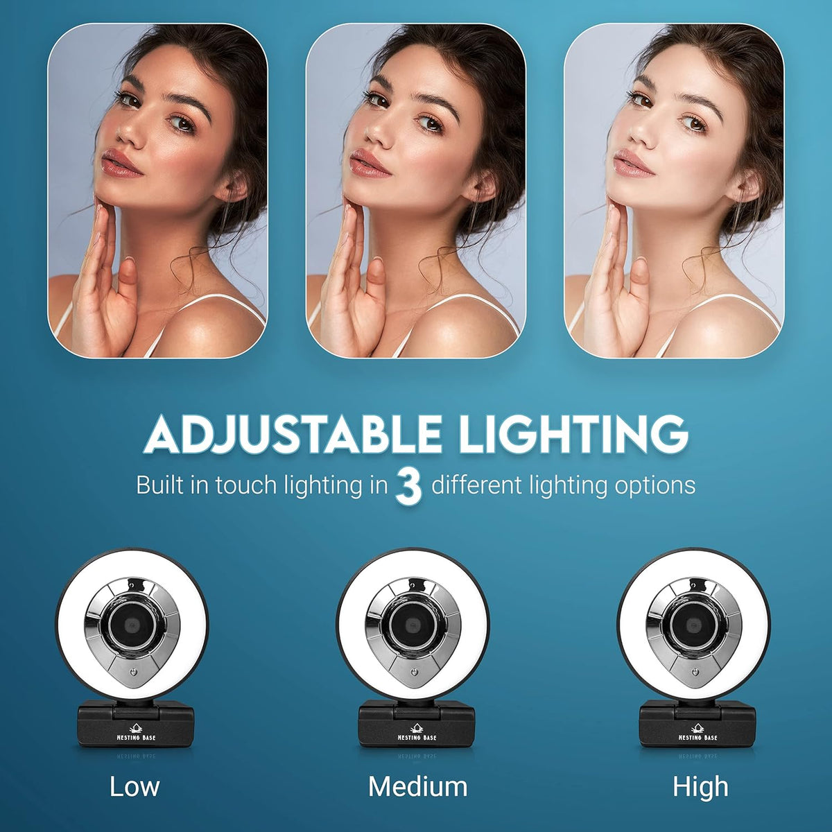 Webcam with Ring Light, Microphone, Privacy Cover, 1080p Auto Focus E32955