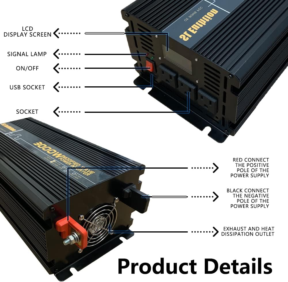 3000W Power Inverter 12V DC to 120V AC with LCD Display USB Port N135