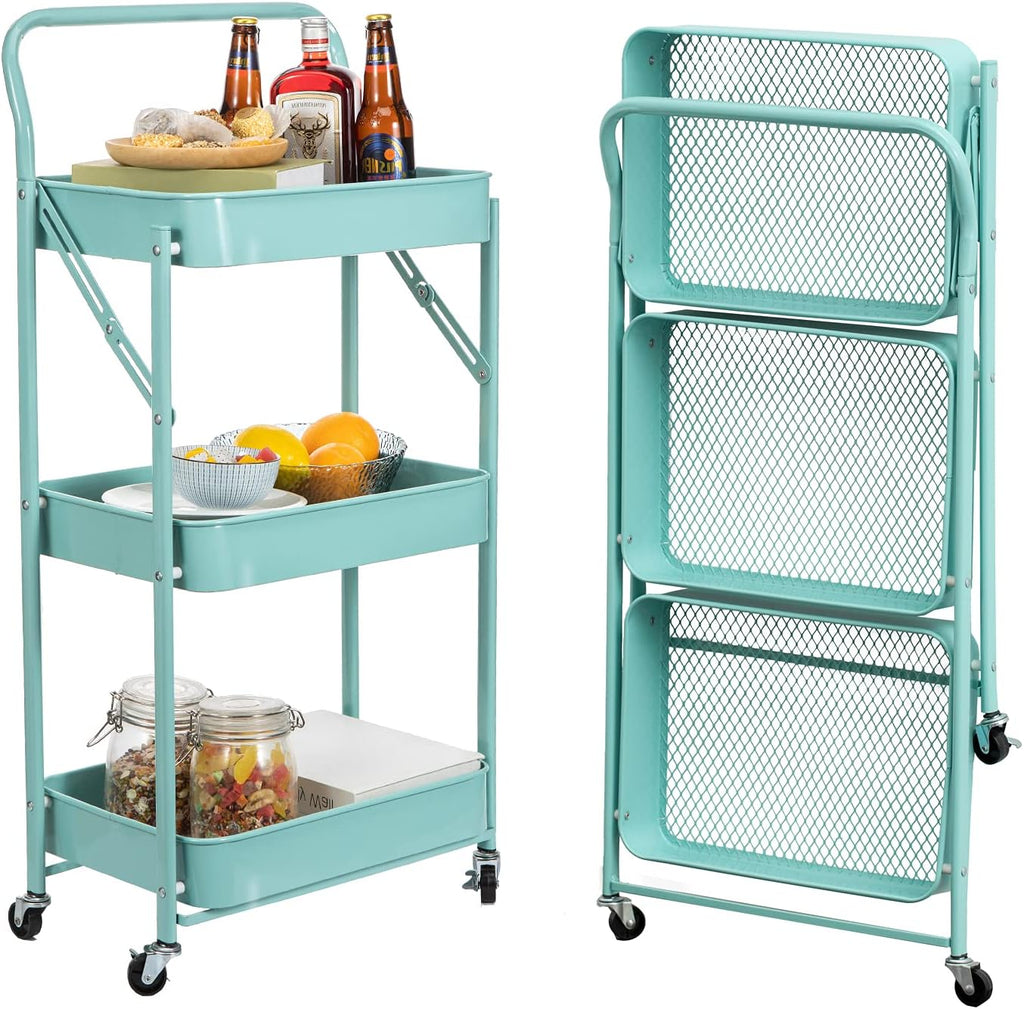 3 Tier Foldable Metal Rolling Cart with Handle and Wheels T511