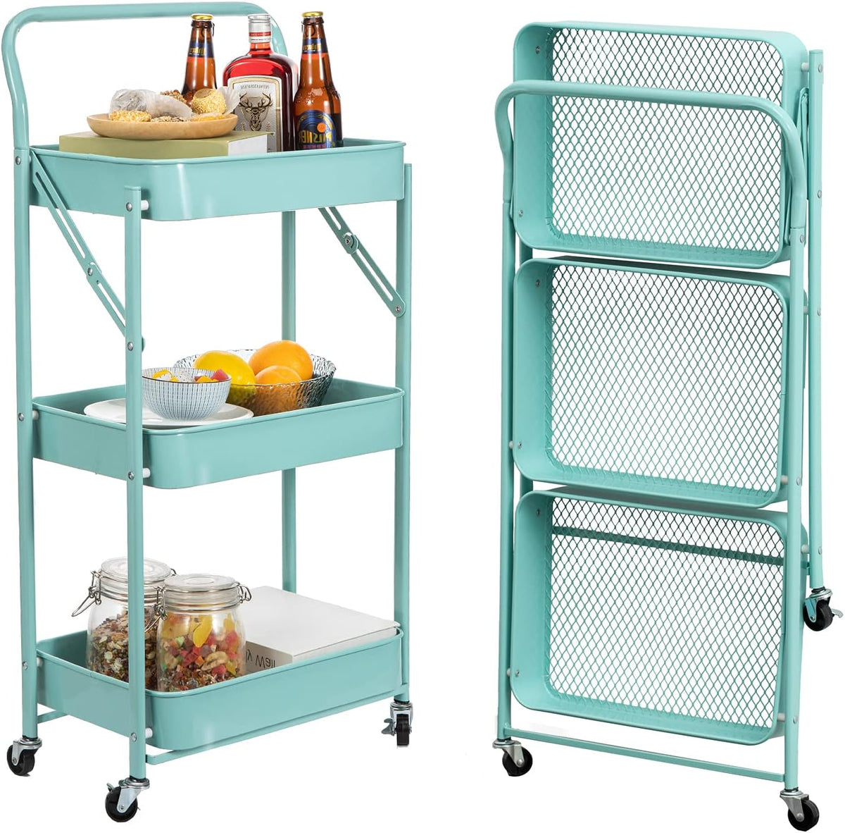 3 Tier Foldable Metal Rolling Cart with Handle and Wheels T511