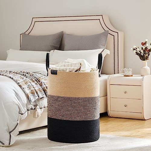 Small Laundry Basket with Leather Handle, Woven Rope Storage Basket, 30L Brown & White Y9487