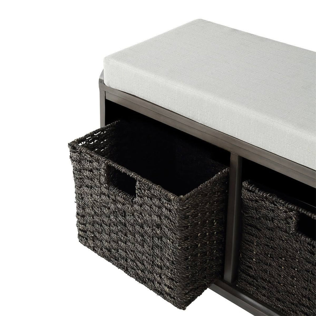 White Wood Storage Bench with 2 Woven Baskets F27569
