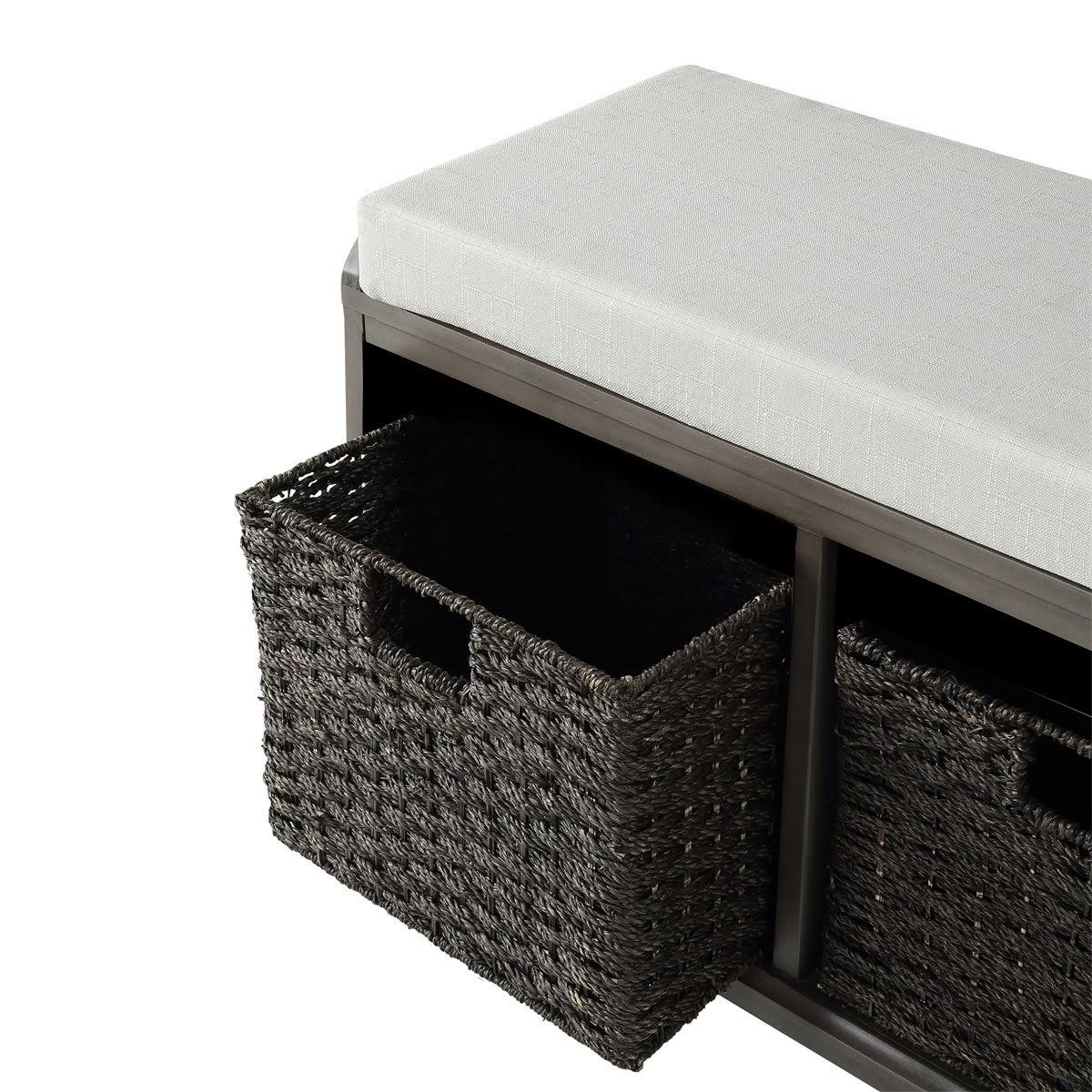White Wood Storage Bench with 2 Woven Baskets F27569