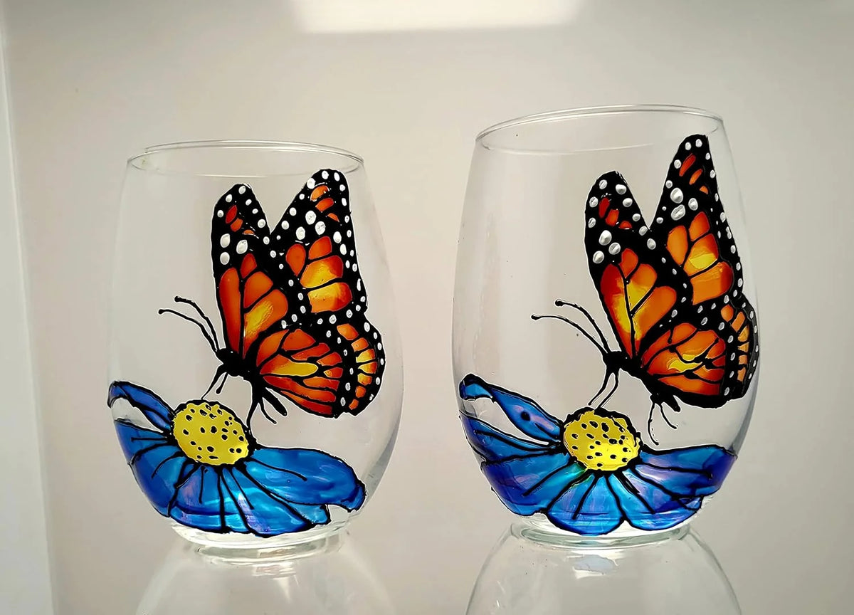 Hand Painted Stemless Wine Glasses Set Of 2 W80439