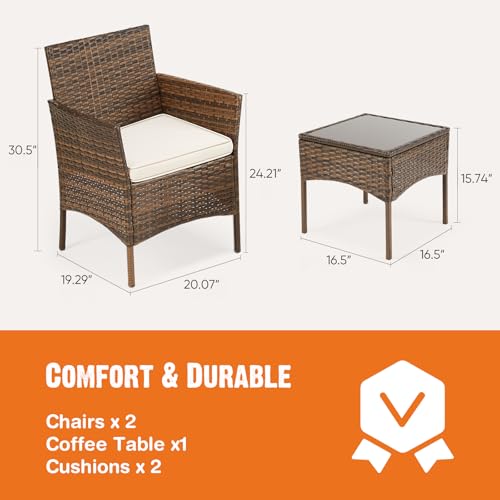 3 Pieces Wicker Rattan Patio Furniture Set with Cushion and Glass Table J98192