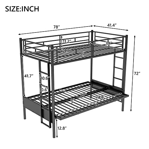 Black Metal Twin over Futon Bunk Bed with Guardrails and 2 Ladders E1937