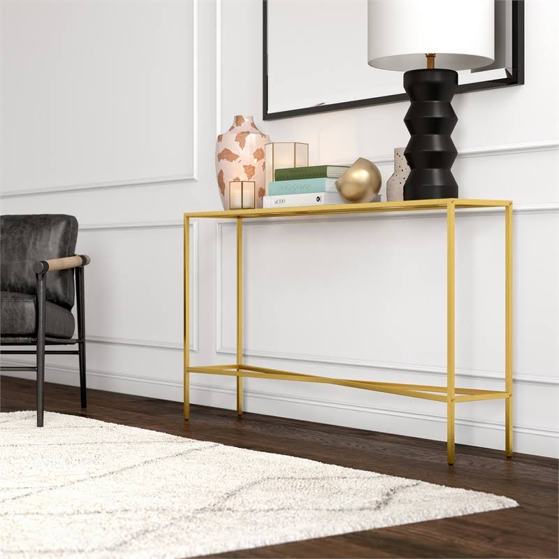 55x22 Brass Finish Console Table with Glass Tabletop U4463