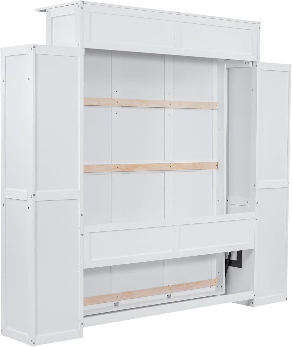 White Queen Size Wooden Murphy Bed with Shelves and LED Lights Q466