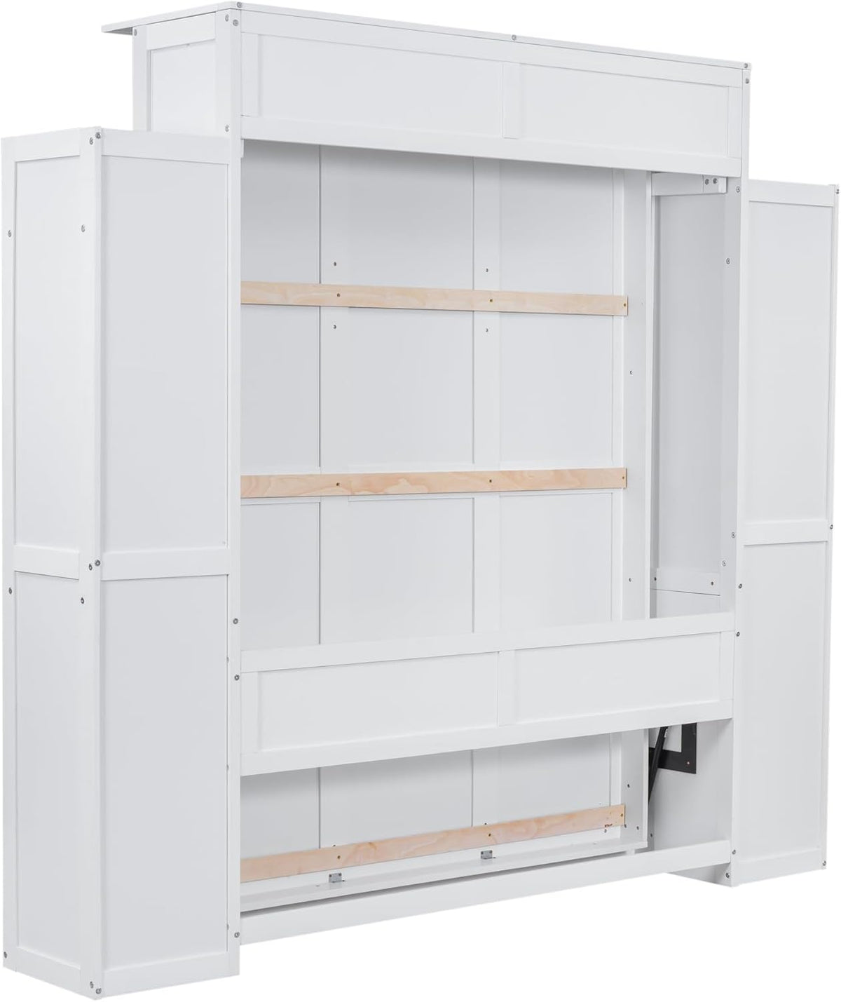 White Queen Size Wooden Murphy Bed with Shelves and LED Lights Q466