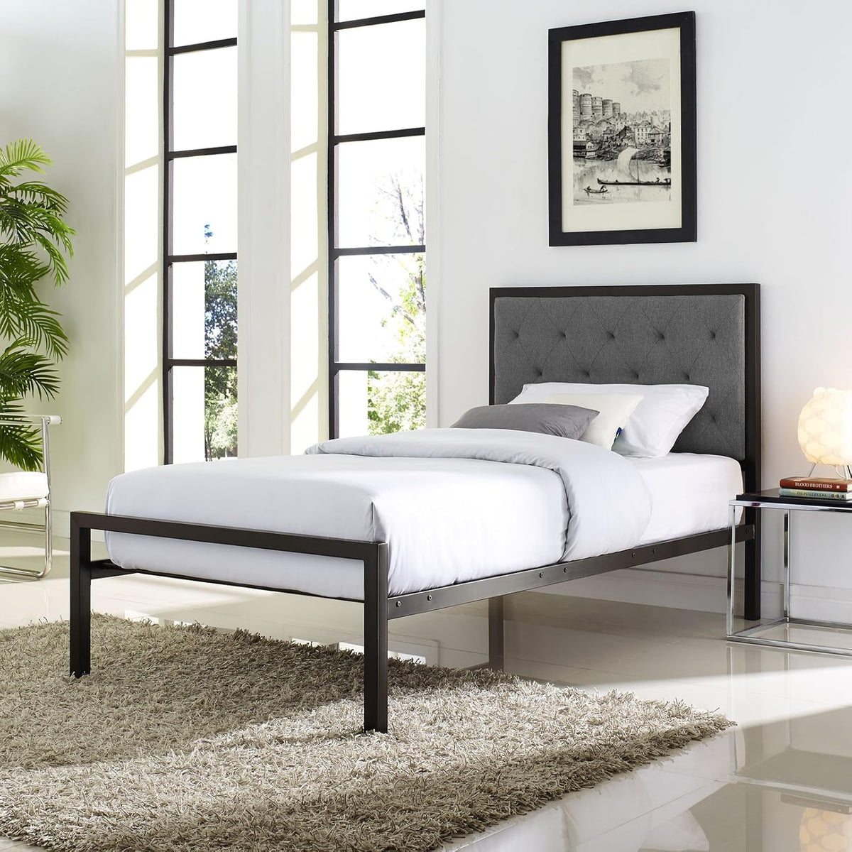 Twin Size Grey Fabric Bed Frame P31104
