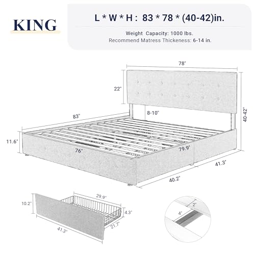 Light Grey Queen Size Platform Bed Frame with 4 Storage Drawers L24268