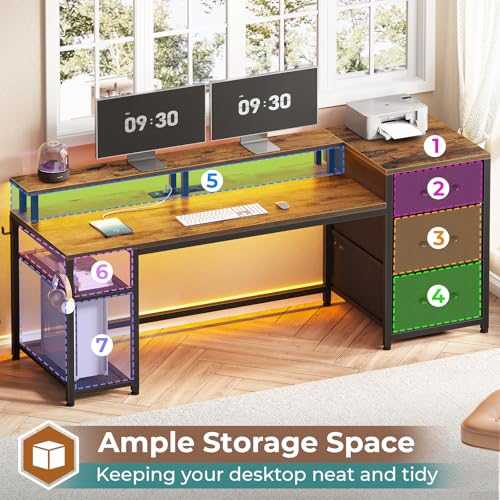 Rustic Brown Office Desk with Drawers and LED Lights S31914