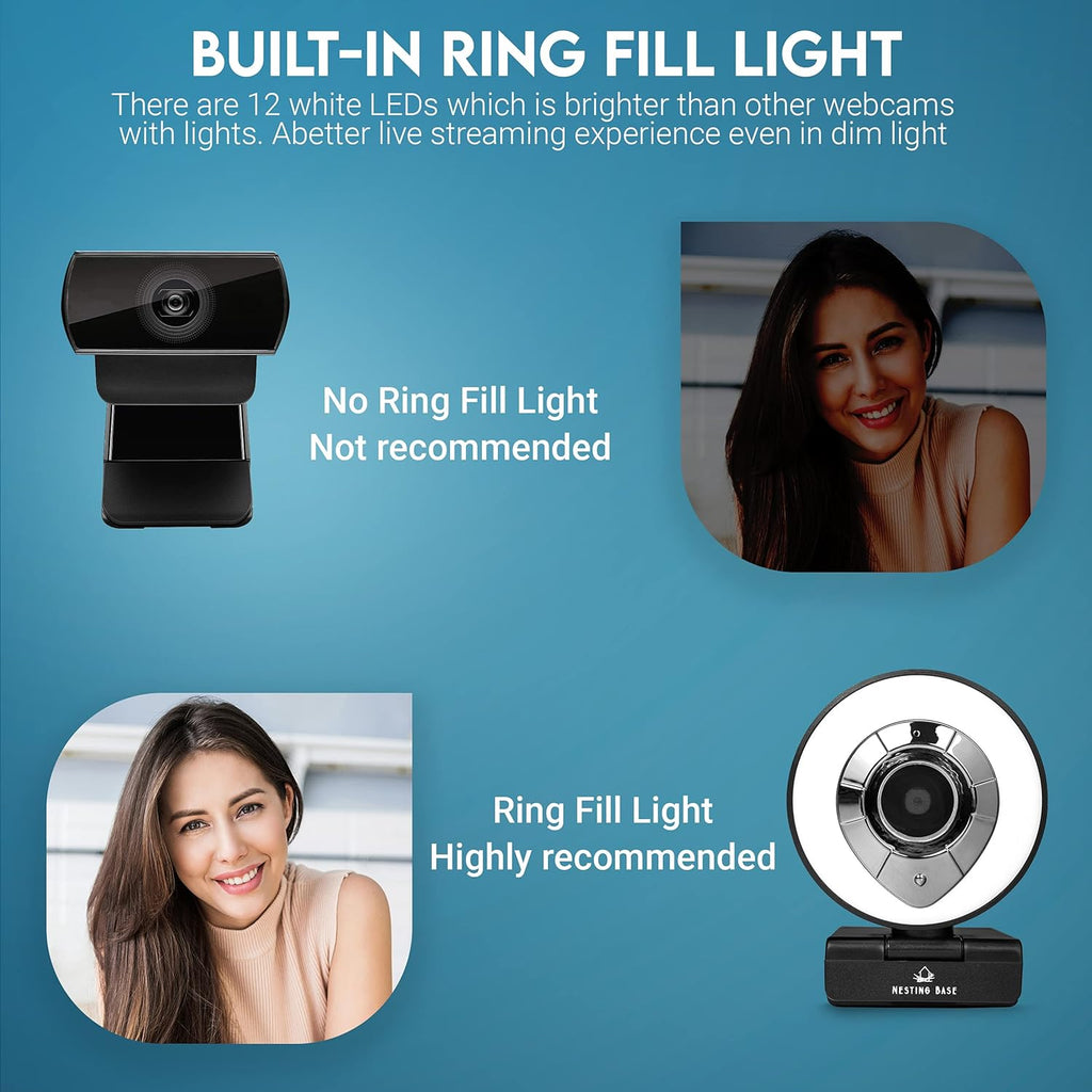 Webcam with Ring Light, Microphone, Privacy Cover, 1080p Auto Focus E32955