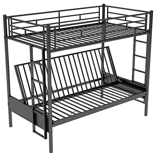 Black Metal Twin over Futon Bunk Bed with Guardrails and 2 Ladders E1937
