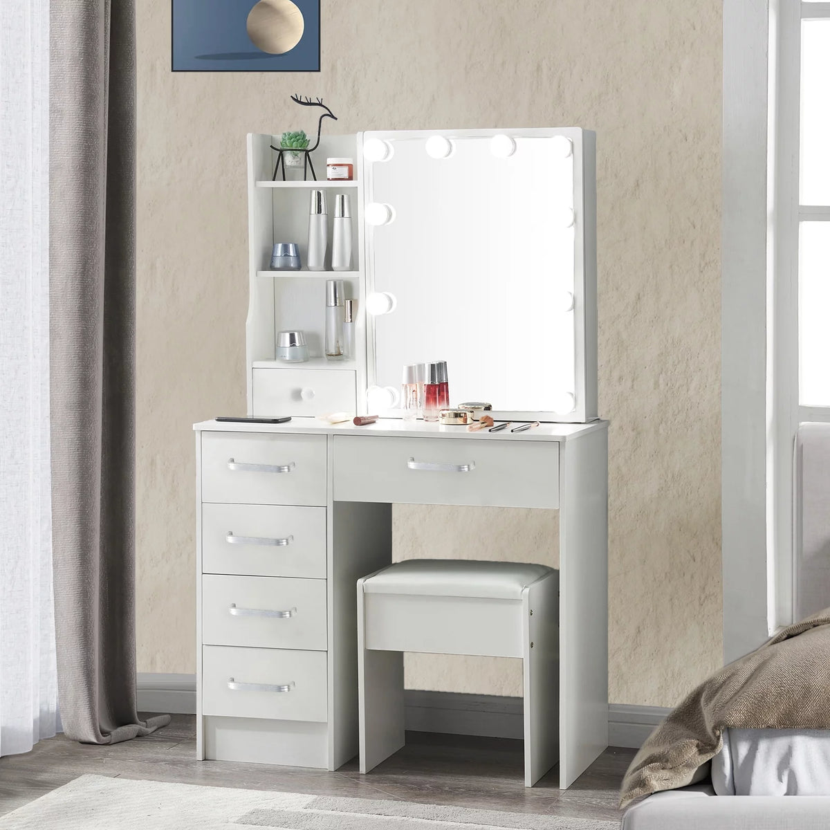 White Vanity Desk with LED Lighted Sliding Mirror and Stool T653275