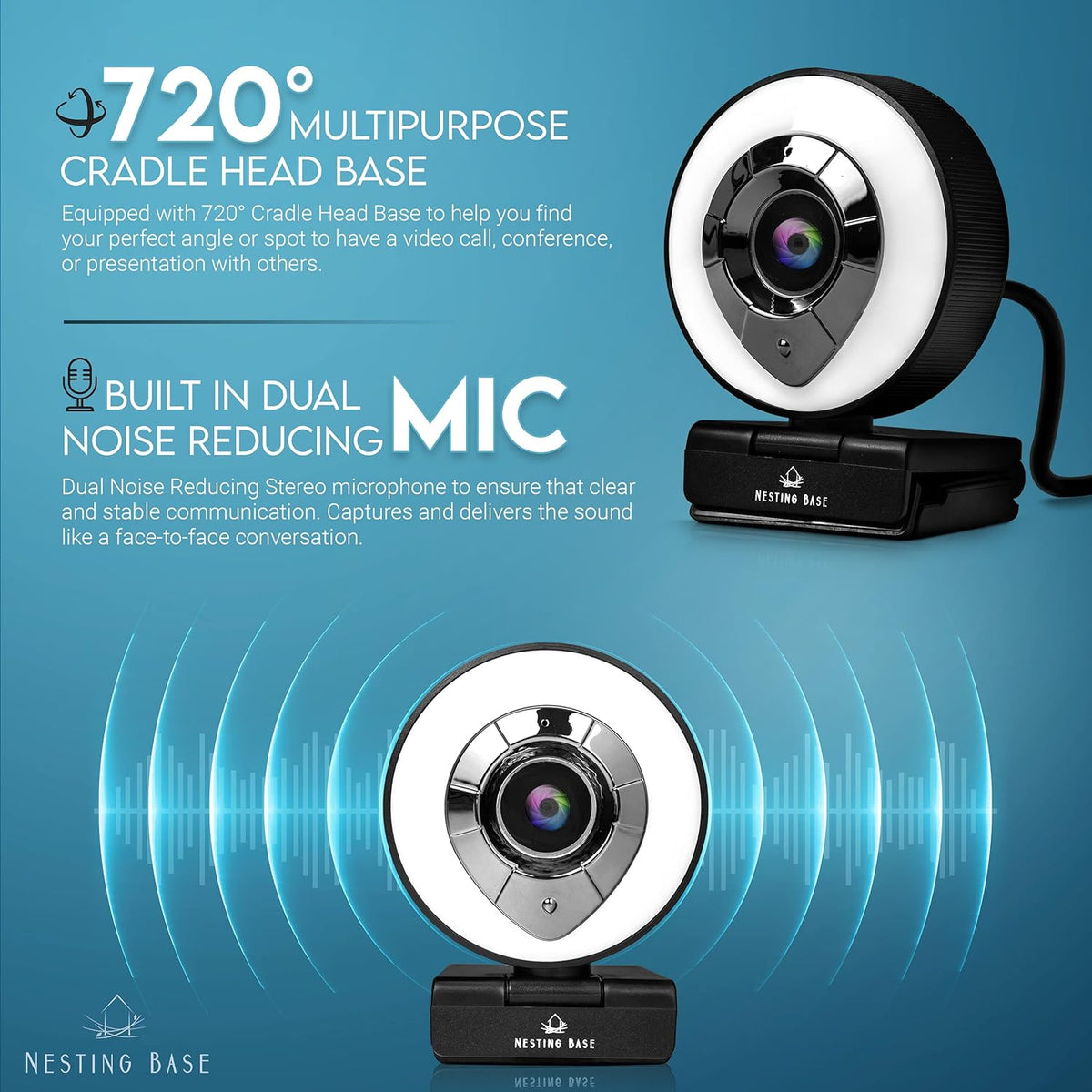 Webcam with Ring Light, Microphone, Privacy Cover, 1080p Auto Focus E32955