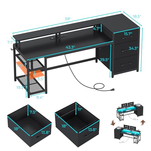 Rustic Brown Office Desk with Drawers and LED Lights S31914