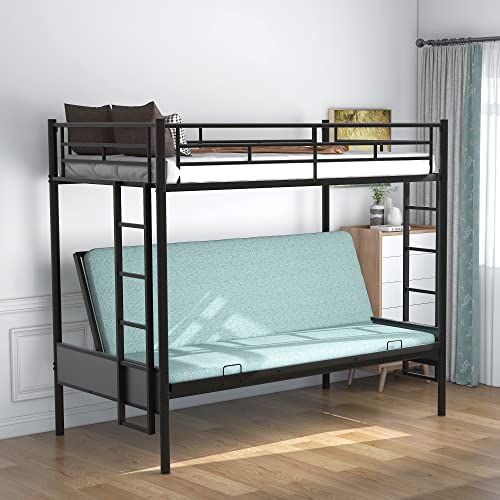 Black Metal Twin over Futon Bunk Bed with Guardrails and 2 Ladders E1937