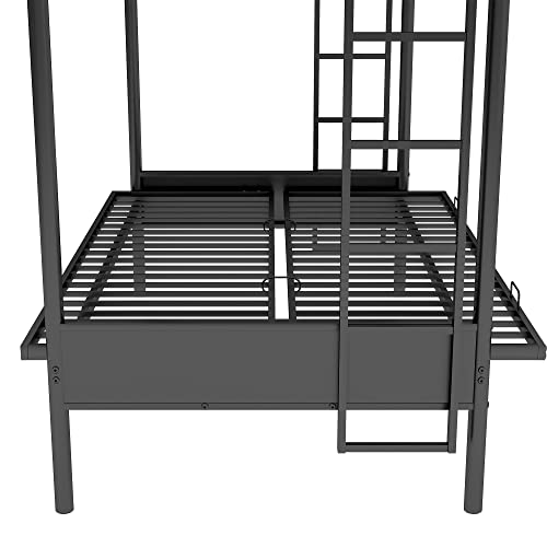 Black Metal Twin over Futon Bunk Bed with Guardrails and 2 Ladders E1937