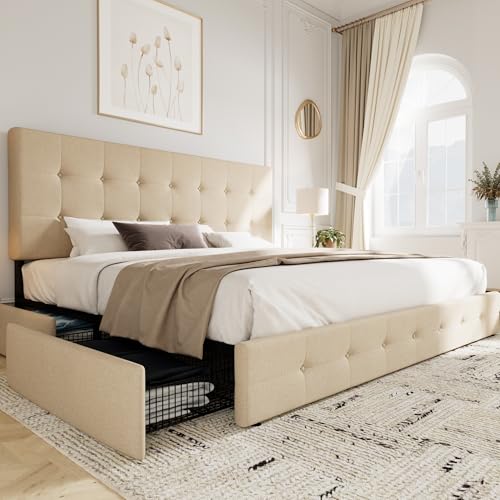Light Grey Queen Size Platform Bed Frame with 4 Storage Drawers L24268