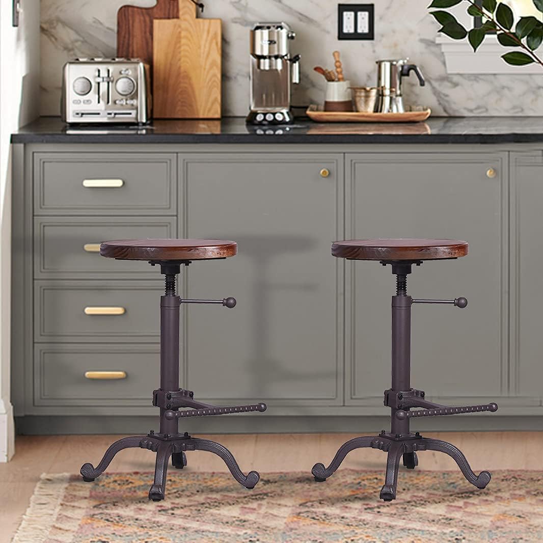 Rustic Swivel Adjustable 22-26 Bar Stool Cast Iron Wooden Brown Z246