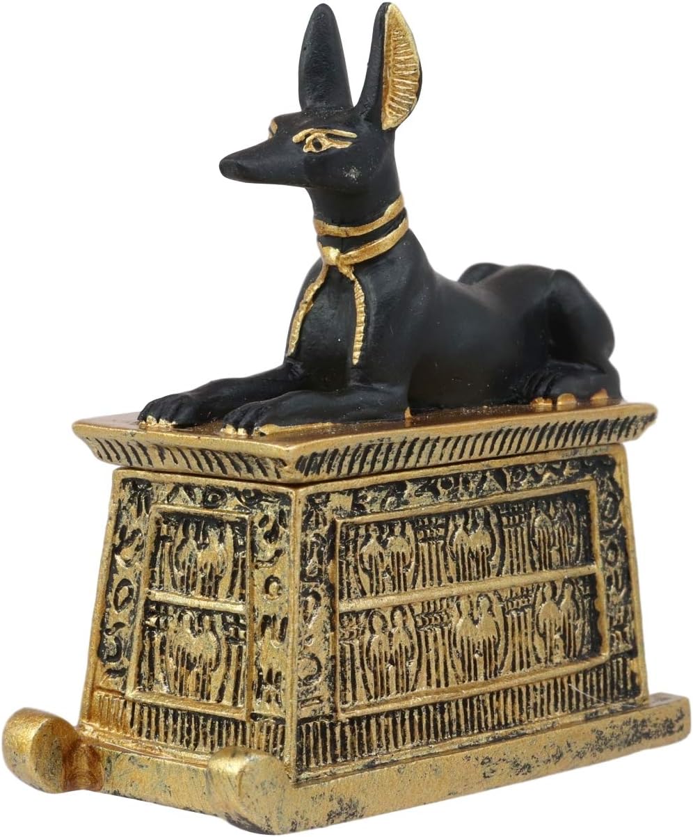 Black And Gold Finish Anubis Dog Cartouche Box Figurine I608