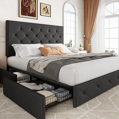 Light Grey Queen Size Platform Bed Frame with 4 Storage Drawers L24268