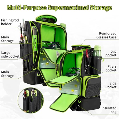 Large Fishing Backpack with Cooler for Tackle Boxes with Rod Holders T26507