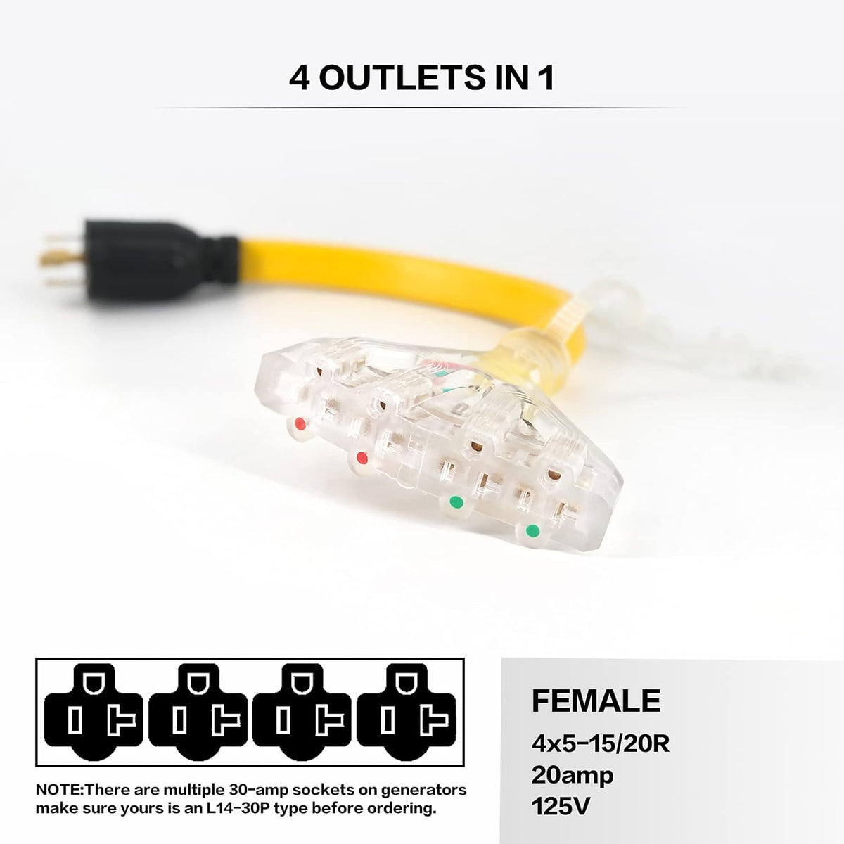 4 Prong 30 Amp to 30 Amp RV Generator Adapter Cord with LED Power Indicator 12 Inch STW 10/3 Yellow T243