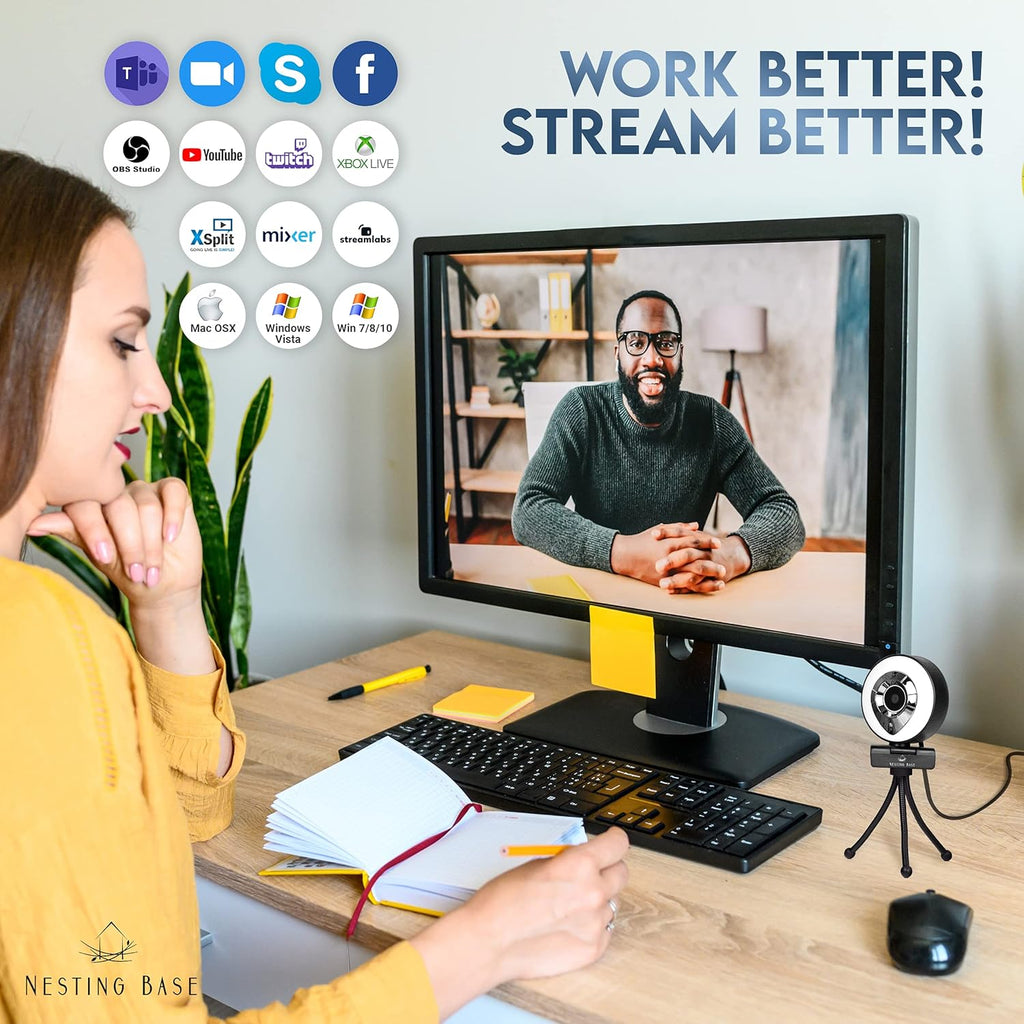 Webcam with Ring Light, Microphone, Privacy Cover, 1080p Auto Focus E32955