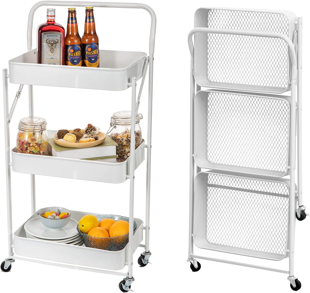 3 Tier Foldable Metal Rolling Cart with Handle and Wheels T511
