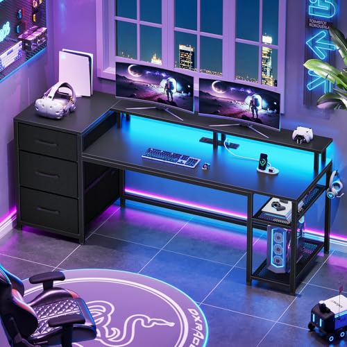 Rustic Brown Office Desk with Drawers and LED Lights S31914