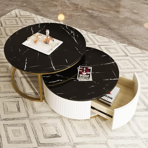 White Gold Round Nesting Coffee Table with Drawer F12299