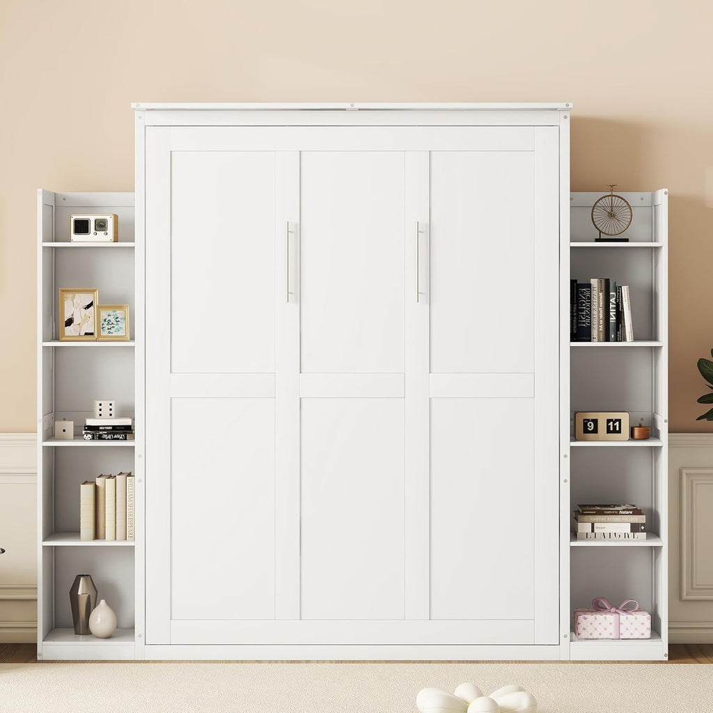 White Queen Size Wooden Murphy Bed with Shelves and LED Lights Q466