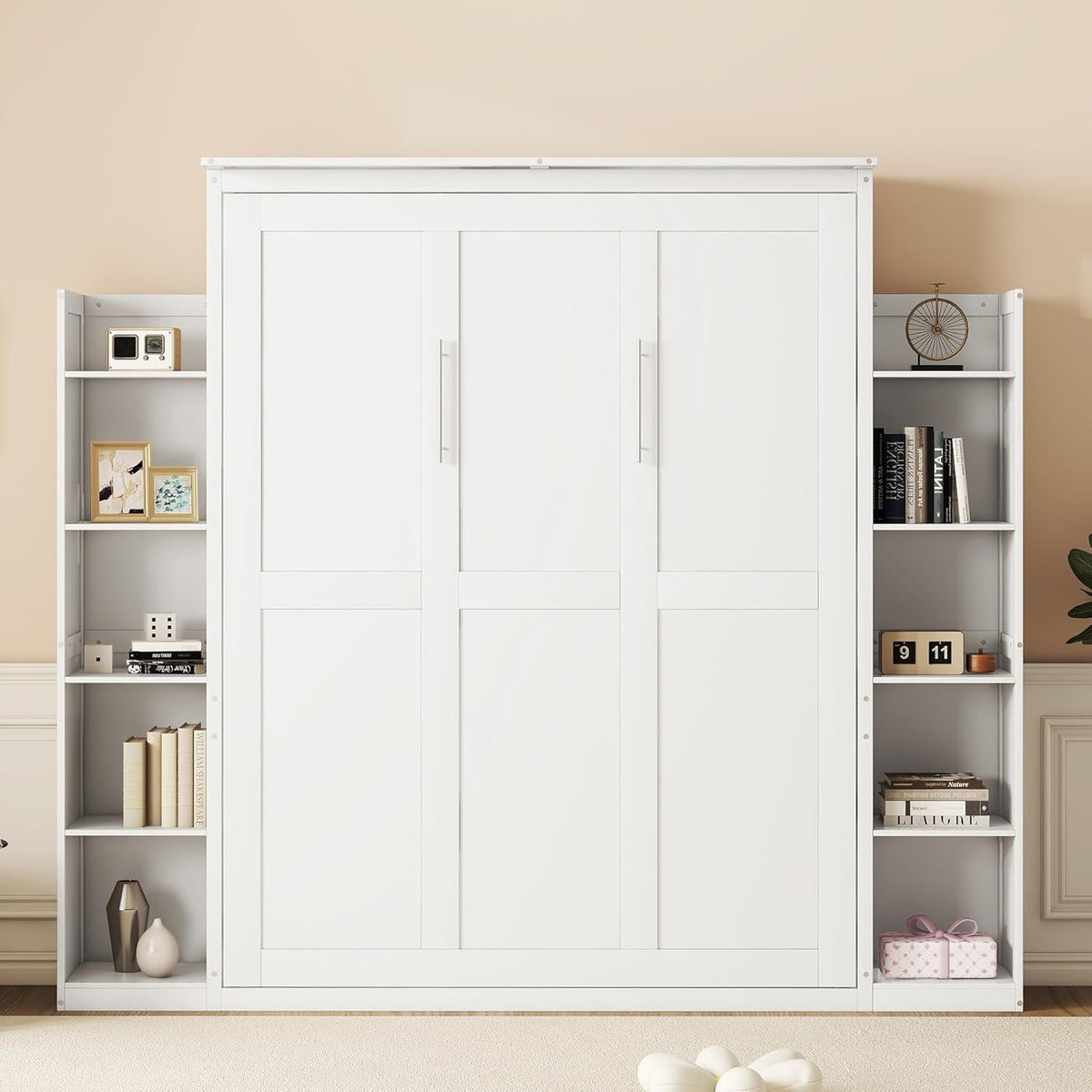 White Queen Size Wooden Murphy Bed with Shelves and LED Lights Q466