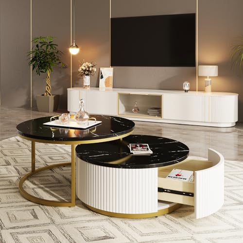 White Gold Round Nesting Coffee Table with Drawer F12299