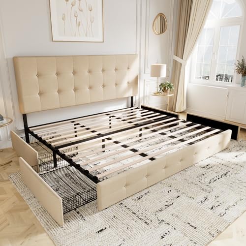 Light Grey Queen Size Platform Bed Frame with 4 Storage Drawers L24268