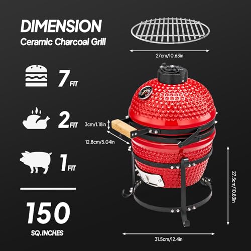 13IN Red Ceramic Charcoal Grill with Inner Liner Z608