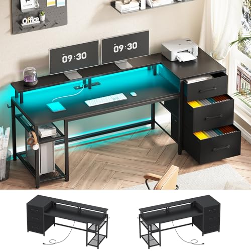 Rustic Brown Office Desk with Drawers and LED Lights S31914