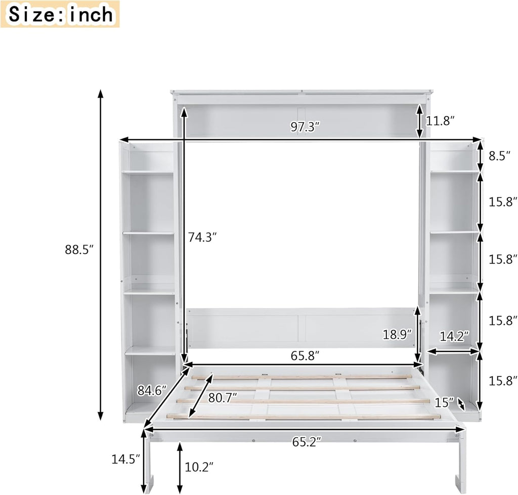 White Queen Size Wooden Murphy Bed with Shelves and LED Lights Q466