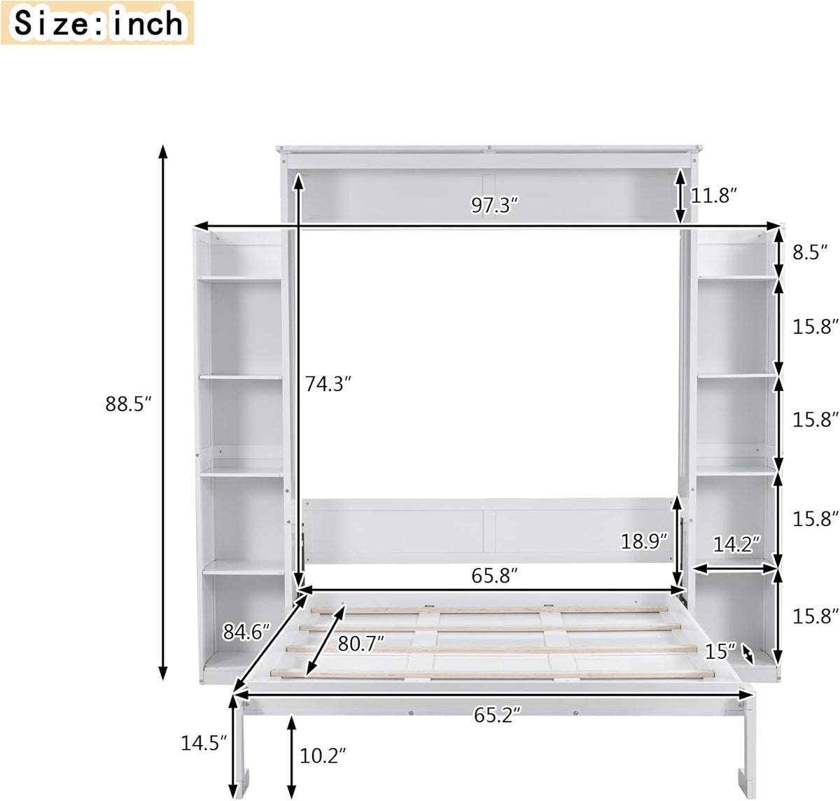 White Queen Size Wooden Murphy Bed with Shelves and LED Lights Q466