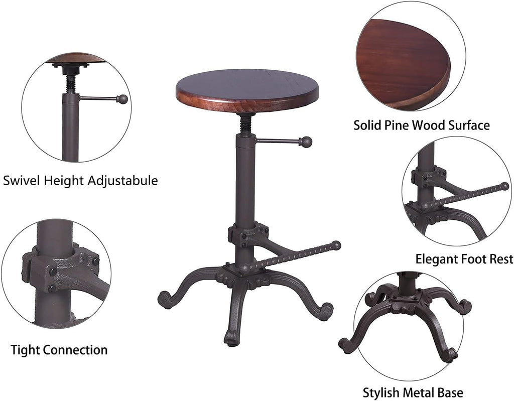 Rustic Swivel Adjustable 22-26 Bar Stool Cast Iron Wooden Brown Z246