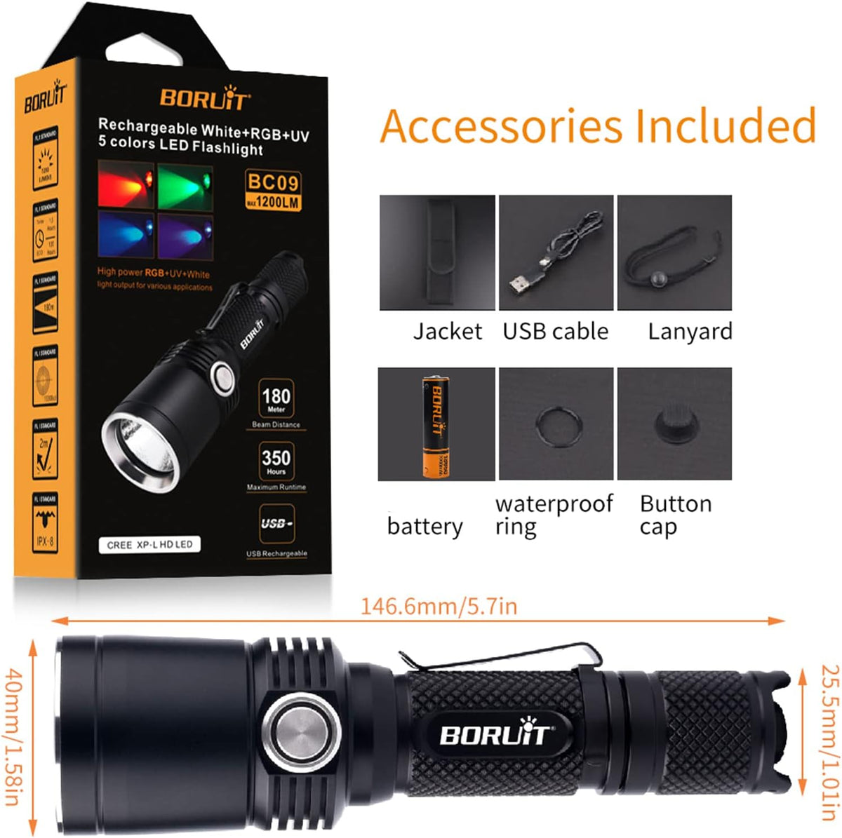 Rechargeable 1200 Lumens 11 Mode IPX8 Waterproof LED Tactical Flashlight O432