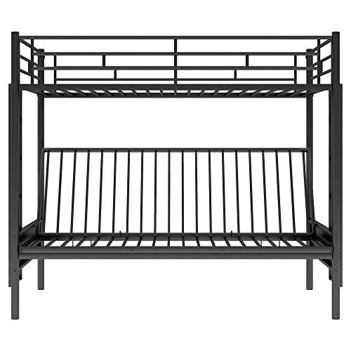 Black Metal Twin over Futon Bunk Bed with Guardrails and 2 Ladders E1937