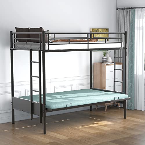 Black Metal Twin over Futon Bunk Bed with Guardrails and 2 Ladders E1937