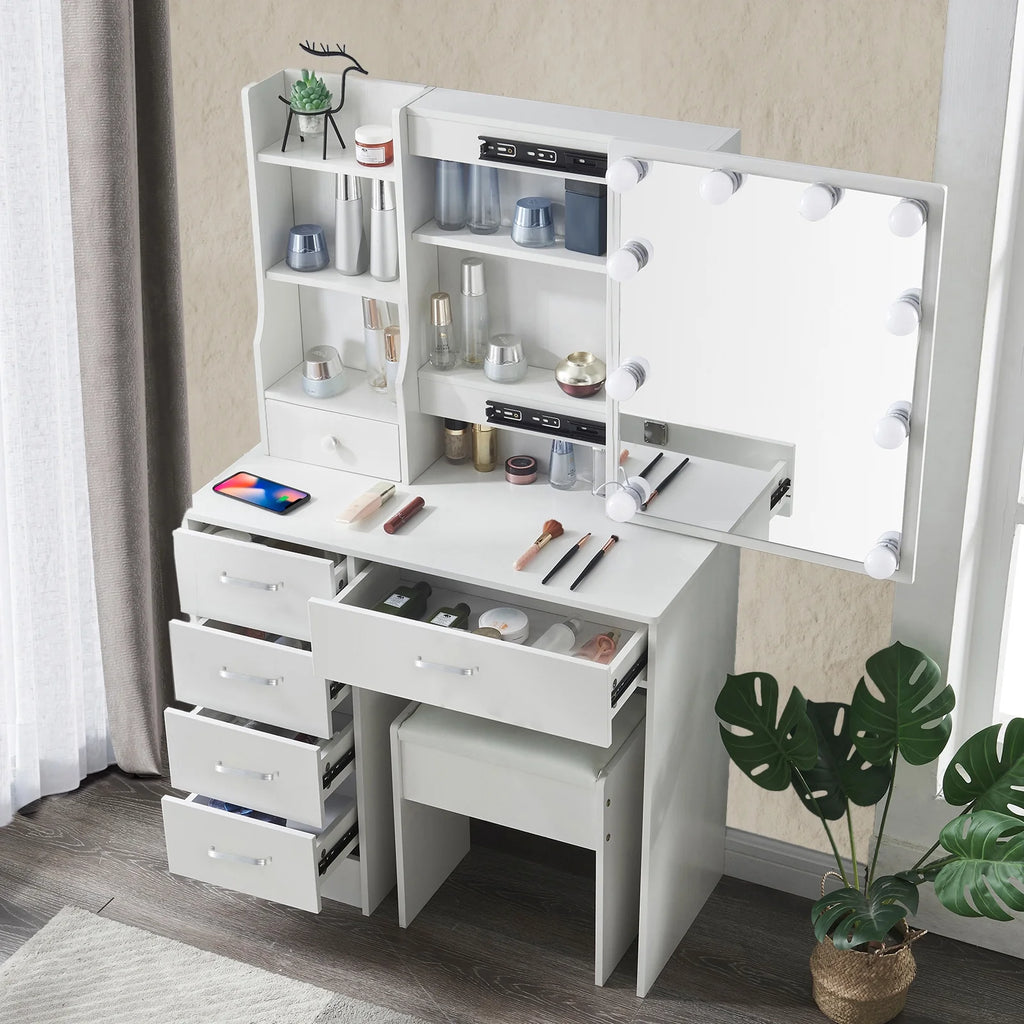 White Vanity Desk with LED Lighted Sliding Mirror and Stool T653275